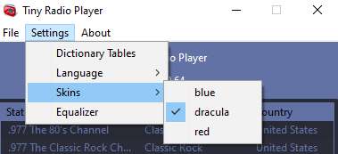 Tiny Radio Player Skins Menu