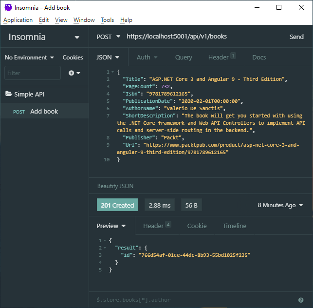 SimpleApi AddBook Insomnia